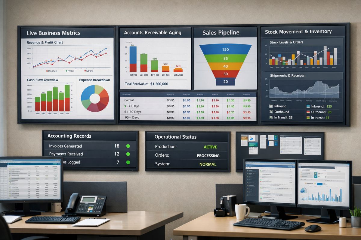 A control room-style setup with wall-mounted screens showing live business performance charts, cash flow trends, receivables aging, sales pipeline bars, and stock movement graphs, alongside linked accounting records and operational status panels updating in real time