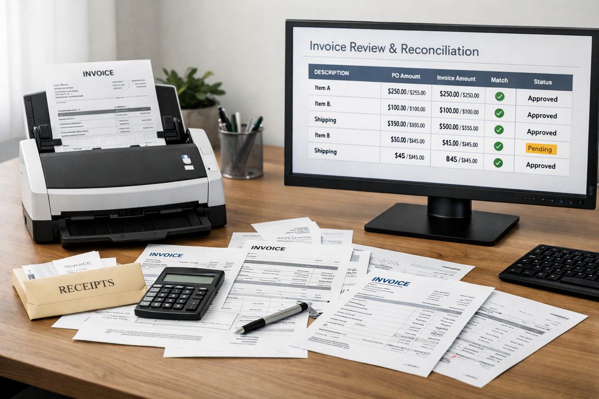 An accounting workspace with several supplier invoices spread across a desk, a scanner feeding paper into a document capture device, a receipt envelope, and a computer screen showing a line-by-line invoice review with amounts being checked against a purchase order and approval status