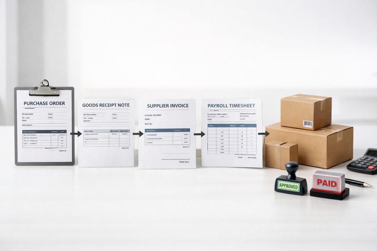 A connected business process setup with a purchase order, goods receipt note, supplier invoice, payroll timesheet, inventory boxes, and approval stamps arranged in a linked sequence, showing how operational events flow into financial records