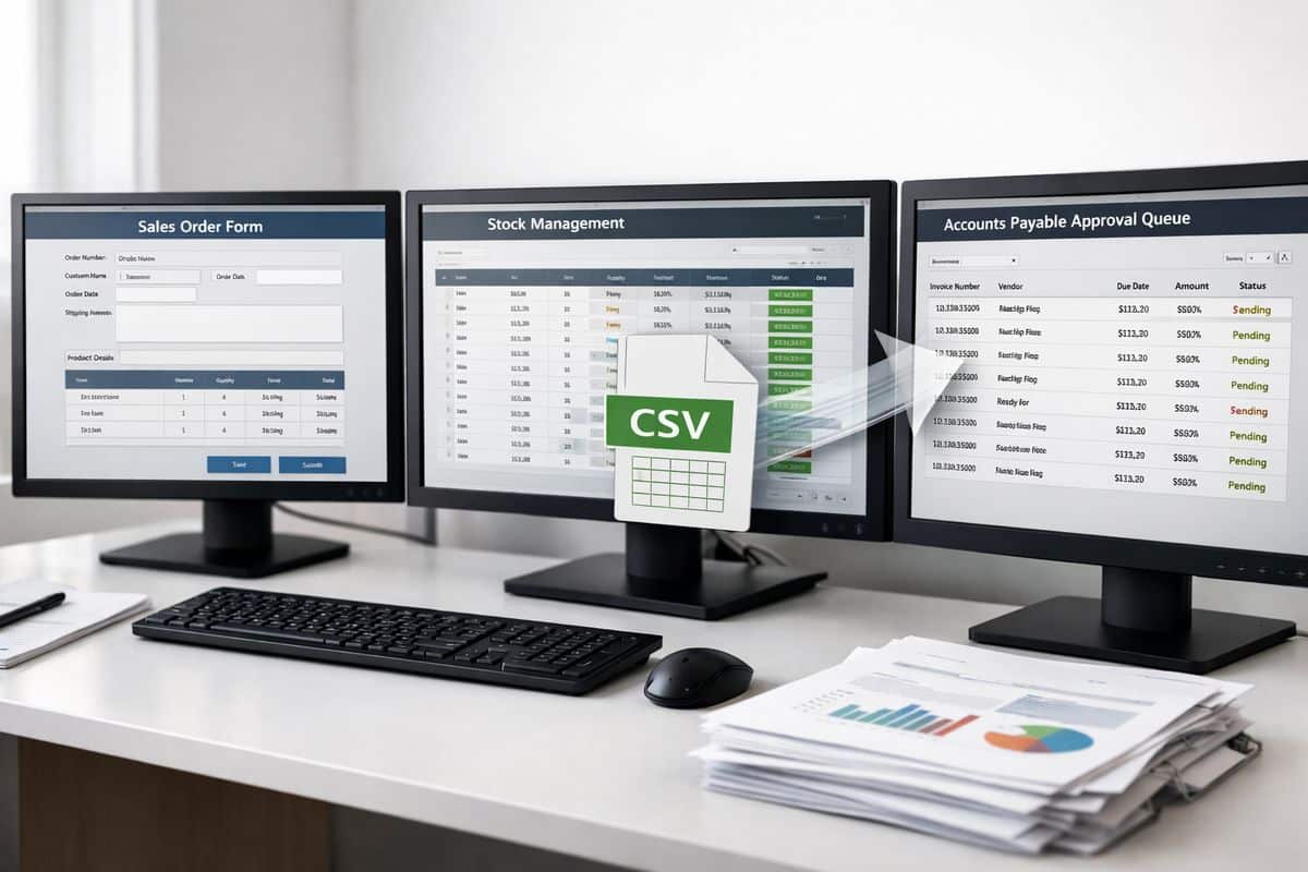 Three separate software windows on different monitors showing a sales order form, a stock management screen, and an accounts payable approval queue, with a CSV file being dragged between them and printed reports piled nearby