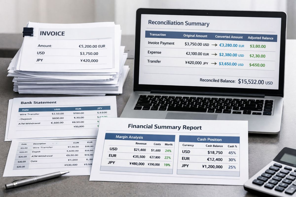 A finance workspace with a stack of international invoices, a foreign-currency bank statement, and a reconciliation screen showing converted amounts and adjusted balances, alongside a clean summary report comparing margins and cash positions across multiple currencies.