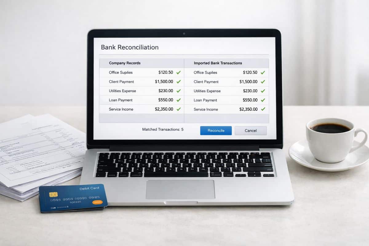 A laptop displaying a bank reconciliation screen beside a stack of bank statements, a debit card, and a cup of coffee, with matched transactions being checked against imported bank feed entries