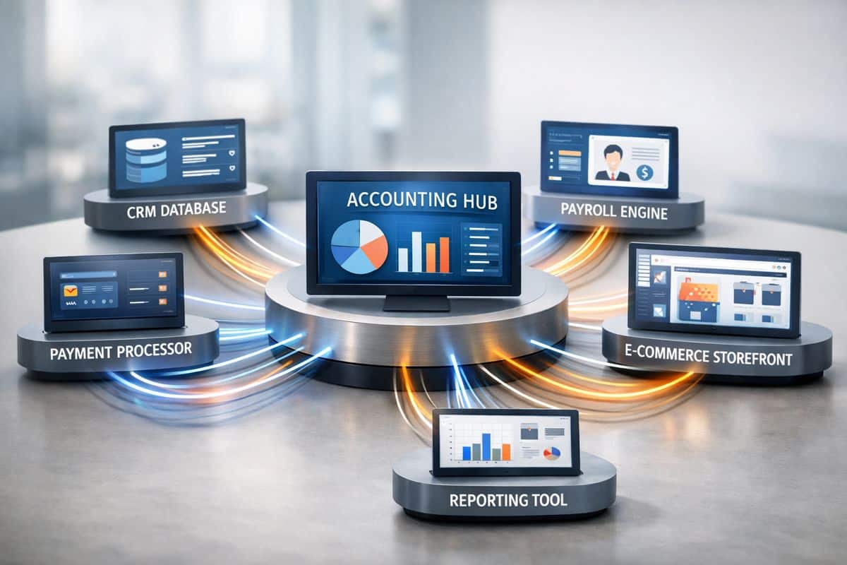 A set of business systems connected by flowing data lines, including a payment processor, CRM database, payroll engine, e-commerce storefront, and reporting tool feeding information into a central accounting hub