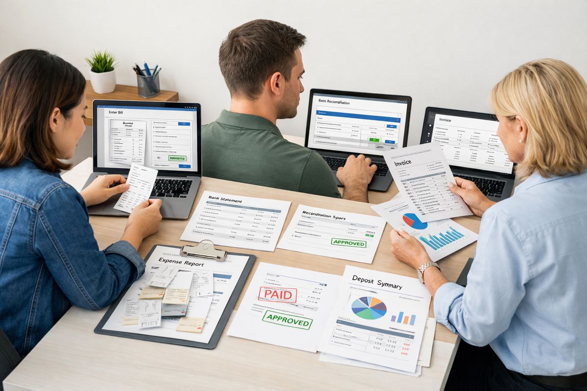 A hands-on training session in a test accounting file: one person entering a bill with an attached receipt, another reconciling a bank transaction, and a third checking an invoice and report in a controlled demo environment, with several completed workflow examples spread across the workspace.