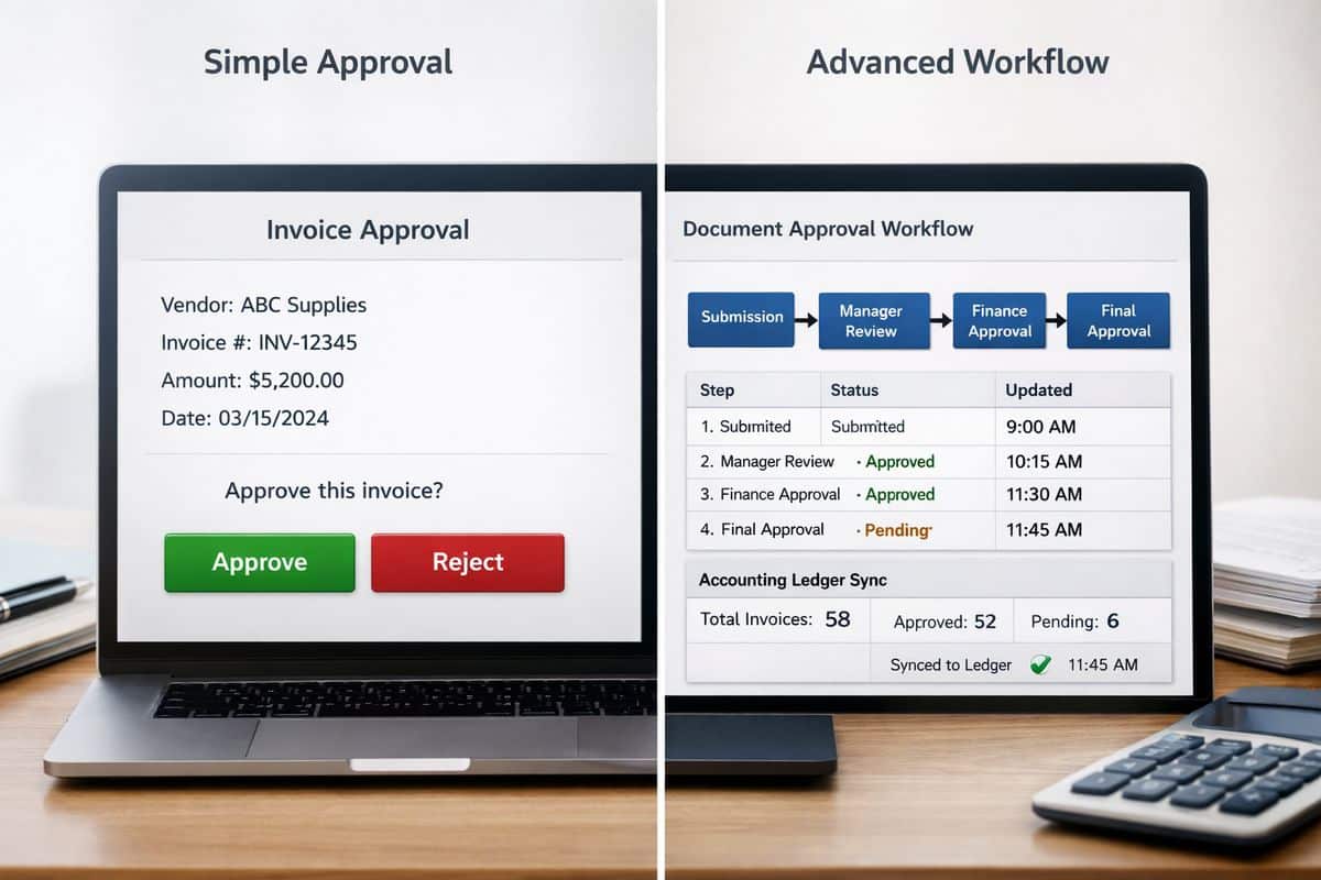 A split-screen setup showing a simple accounting approval screen with one approve-or-reject step on one side, and a more advanced workflow interface on the other with routed documents passing through multiple approval stages, automated status changes, and synchronized records feeding into an accounting ledger