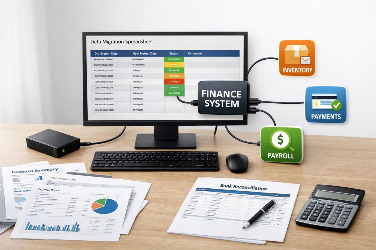 A workspace with printed accounting reports, a data migration spreadsheet on a monitor, a small external drive, a bank reconciliation sheet, and several connected app icons represented as separate devices and cables linking a finance system to payroll, inventory, and payment tools