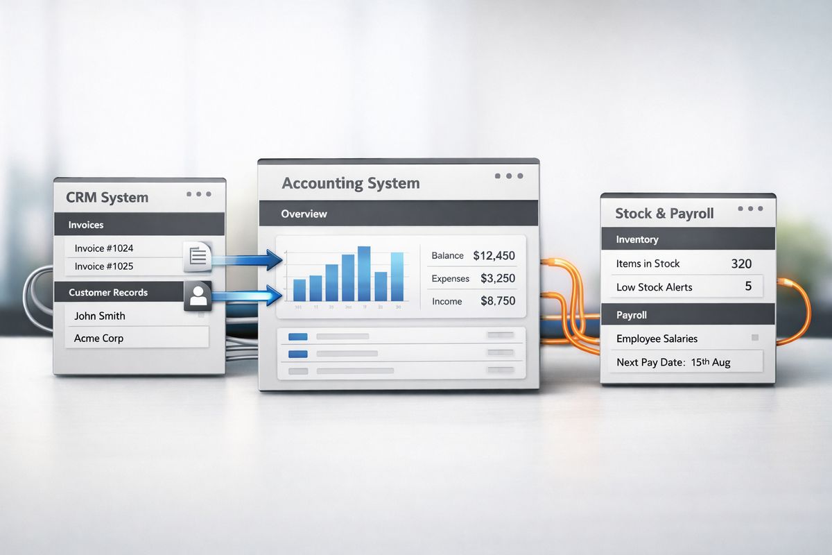 A set of connected business software systems shown as separate interface panels linked by arrows and cable-like lines, with one panel feeding invoices and customer records into another accounting system panel, while a third panel for stock or payroll sits off to the side with its own isolated data stream, illustrating mapped and controlled information flow