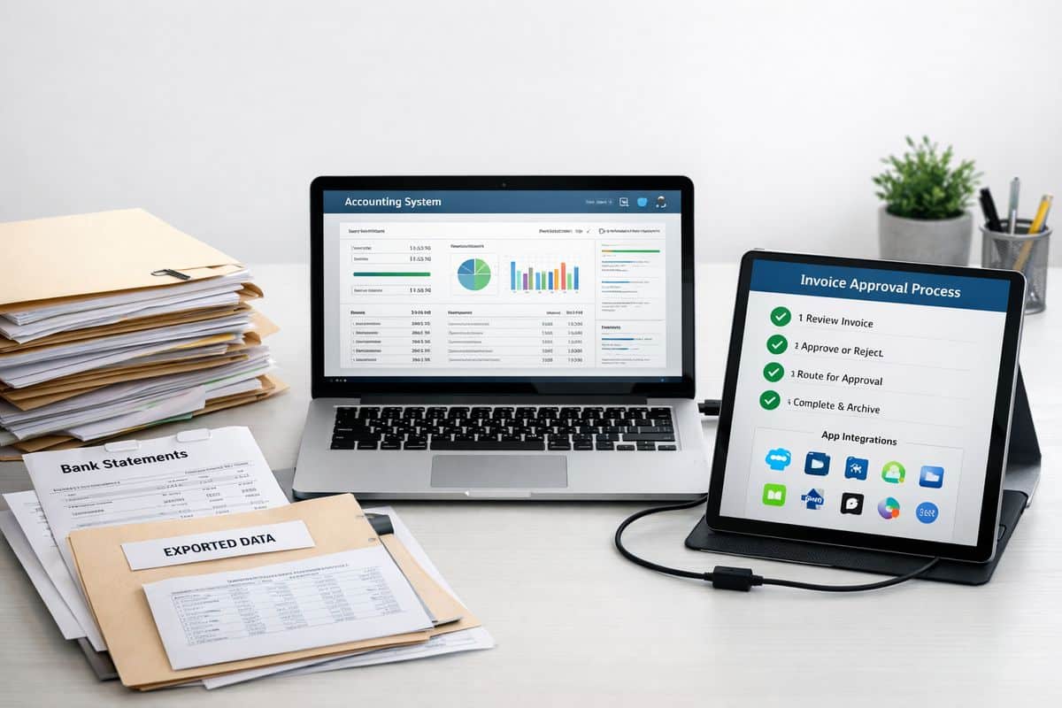 A staged process scene showing a stack of paper files, bank statements, and a folder of exported data next to a laptop connected to an accounting system, with a second device displaying invoice approval steps and app connection icons on a clean workspace.