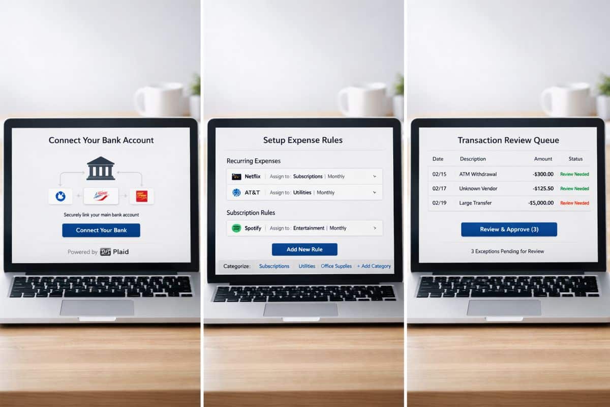A sequence of three finance workflow screens or sheets showing a main bank account being connected first, bank rules being configured for recurring expenses and subscriptions, and a separate review queue of exception transactions waiting to be checked before approval